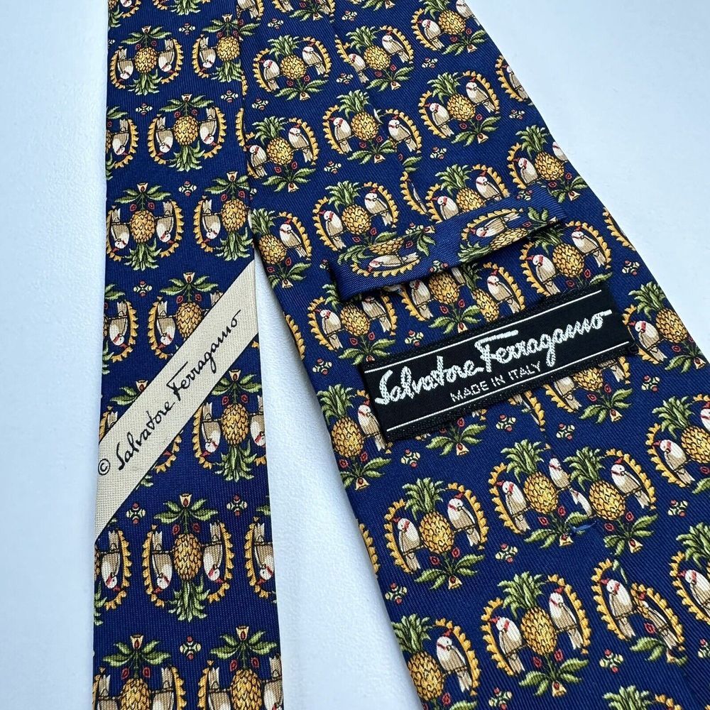 Salvatore Ferragamo Pineapples & Parrots Blue Silk‎ Tie 3.5"x57"